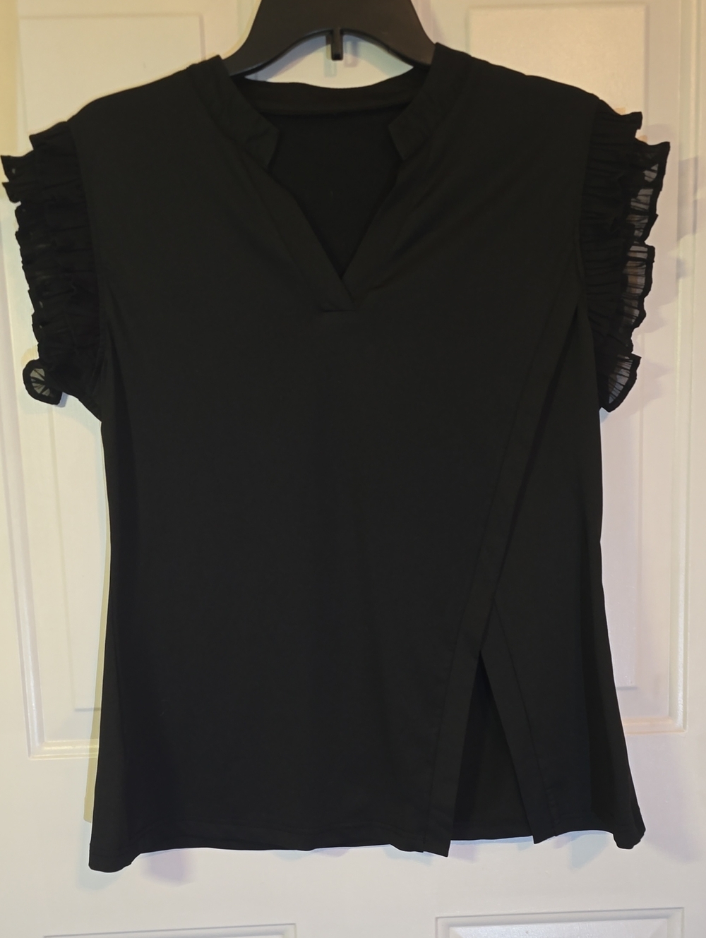 Black Flutter-Sleeve V-Neck Wrap-Front Blouse